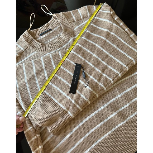 NEW Tahari Tan & White Saddle Stripe Cropped Boxy Crewneck Sweater Wide Cuff - Picture 12 of 12